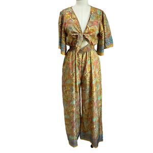 Zury Bohemian Silk Blend Bell Sleeve And Wide Leg Front Tie Jumpsuit Size M